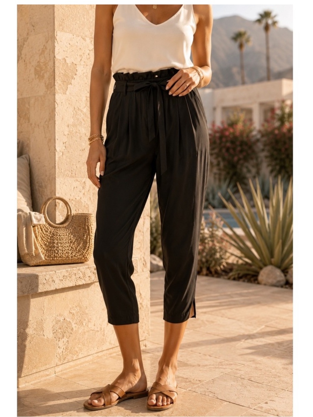 Ramy Brook Allyn Black Silk Paperbag Waist Pants XS